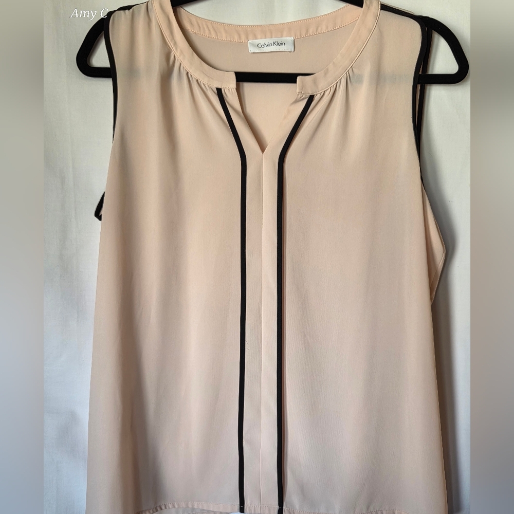 Calvin Klein Light Pink To Peach Color Sleeveless Blouse with Black Trim